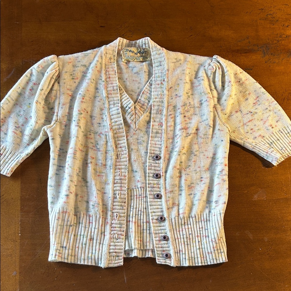 Vintage DarnKnit Speckled Cardigan and Built in Vest Short Sleeve Sweater